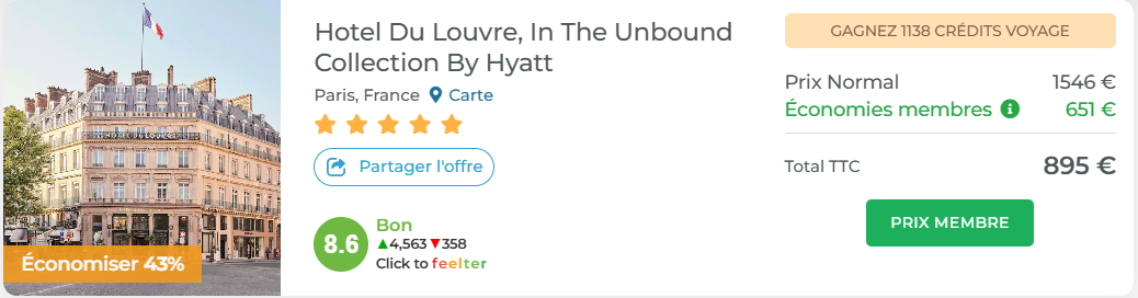 Exemple tarif Hôtel Louvre